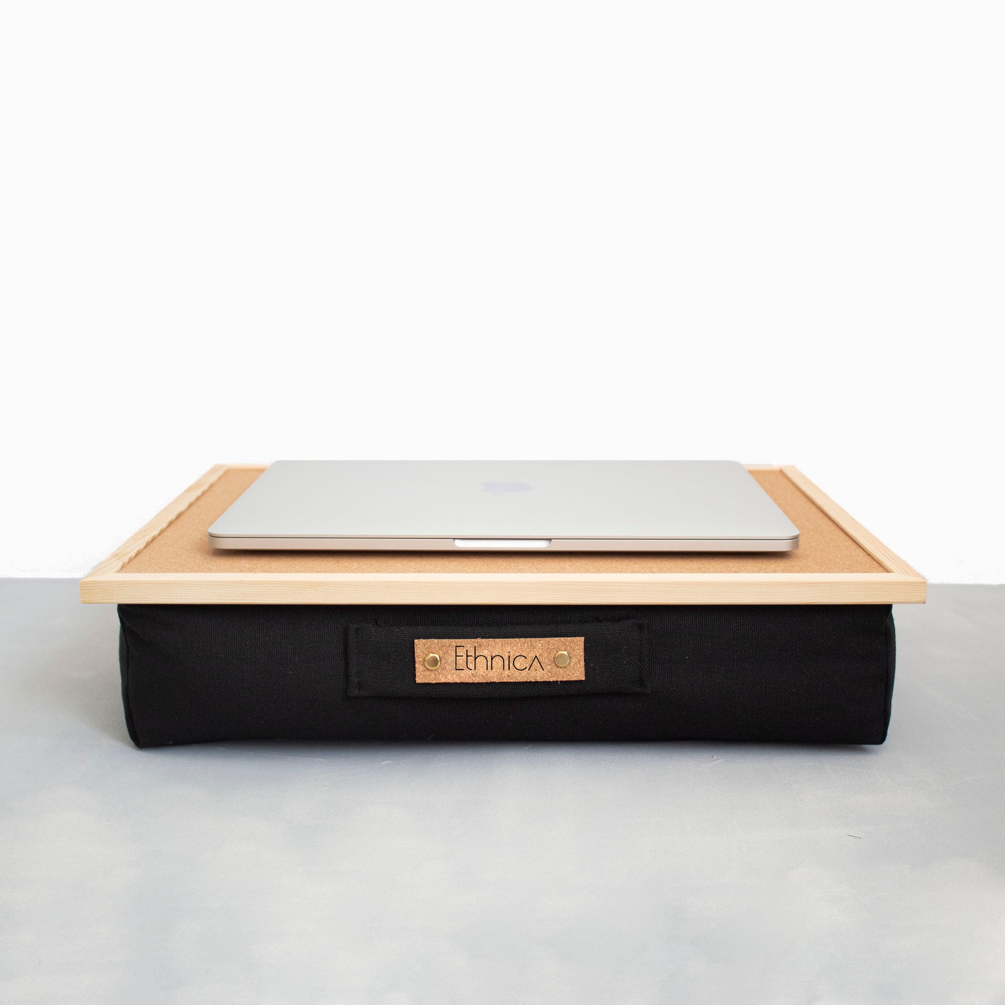 Black pillow laptop tray with cork board